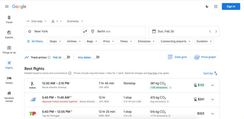 的例子,在谷歌上搜索单程飞往欧洲的航班
